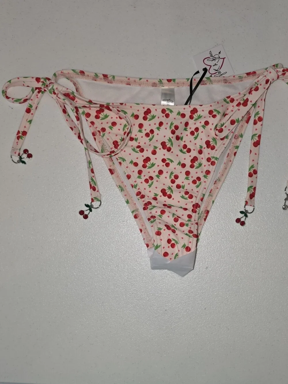 ASOS Peek & Beau Pink and Red Cherry and Hearts Print Tie-Side Bikini Bottoms